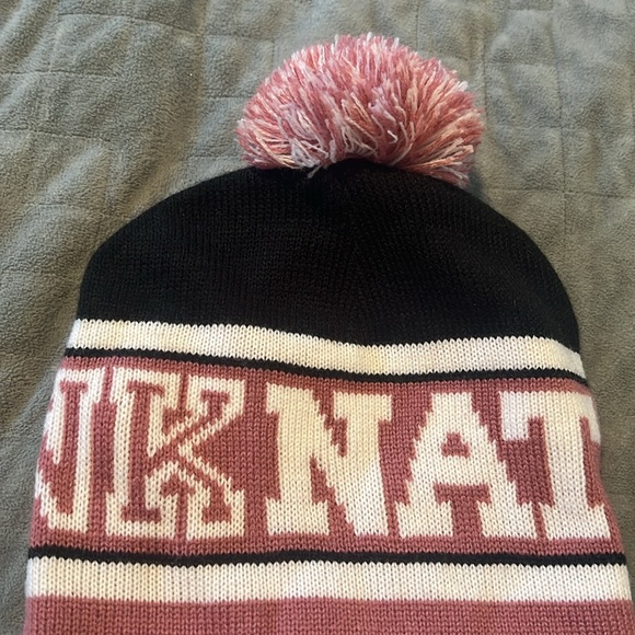 NWOT Pink Victoria's Secret Winter Hat, Beanie, Pom Pom, Pink, Black, White - Picture 2 of 5